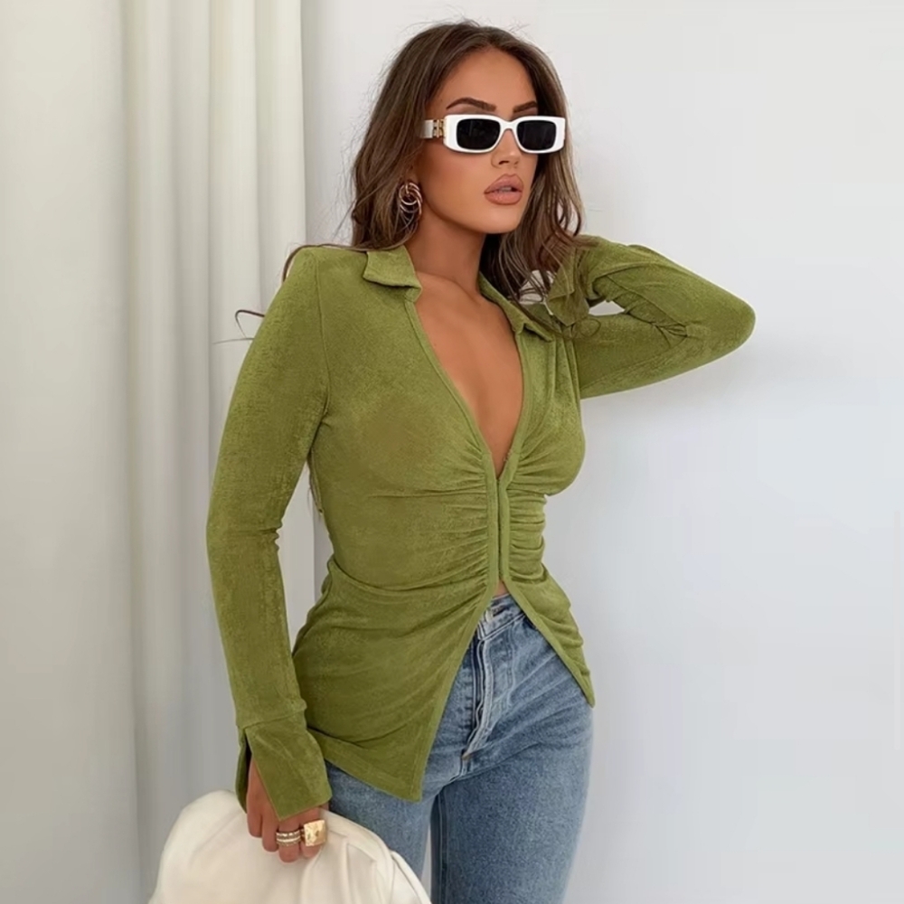 Olive Green Ruched Front Blouse - Women